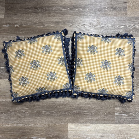 Handmade Other - Vtg Pair Floral Blue & Yellow Gingham Throw Pillows Tassel Fringe Custom 17" Sq